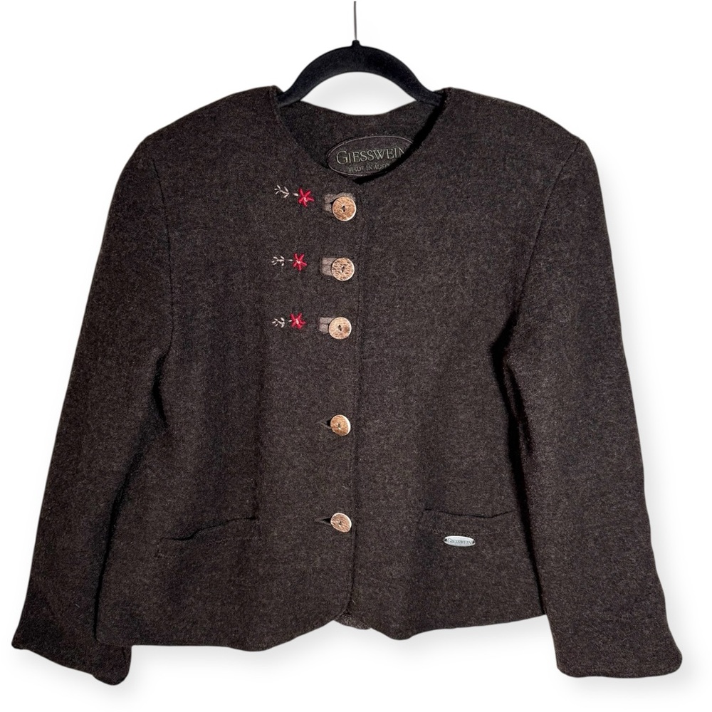 Giesswein Brown Wool Button Up Jacket Women’s 40 Austria Floral Embroidery